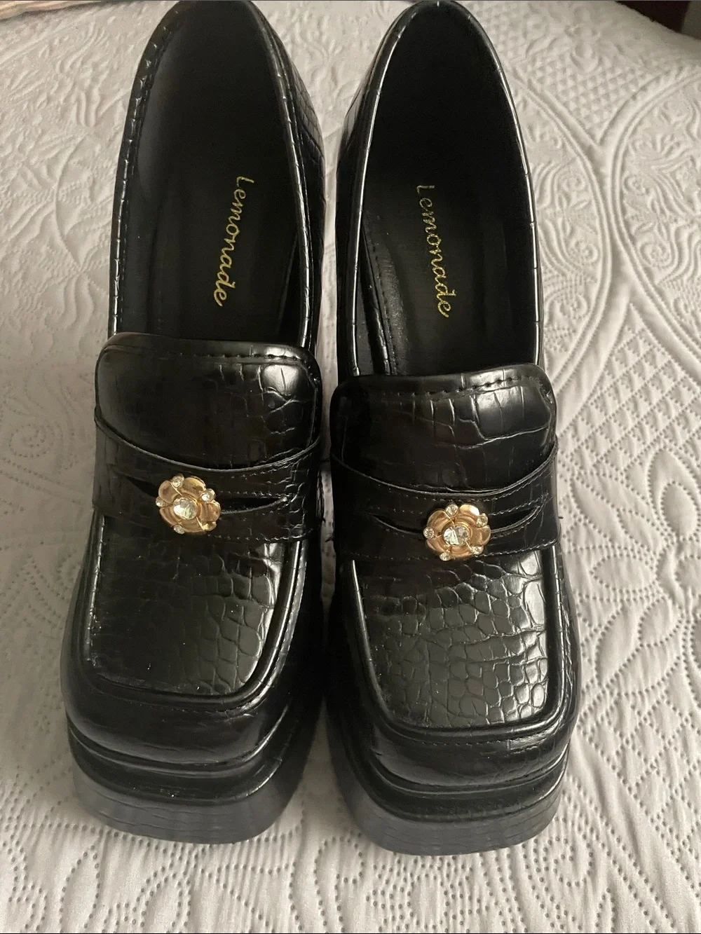 Croc-Embossed Black Platform Loafer Heels with Gold Medallion